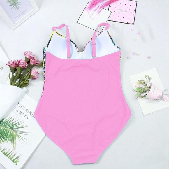 Sexy Print One Piece Swimsuit Closed Push Up Women Floral Pink Vintage Style NEW - Picture 3 of 4